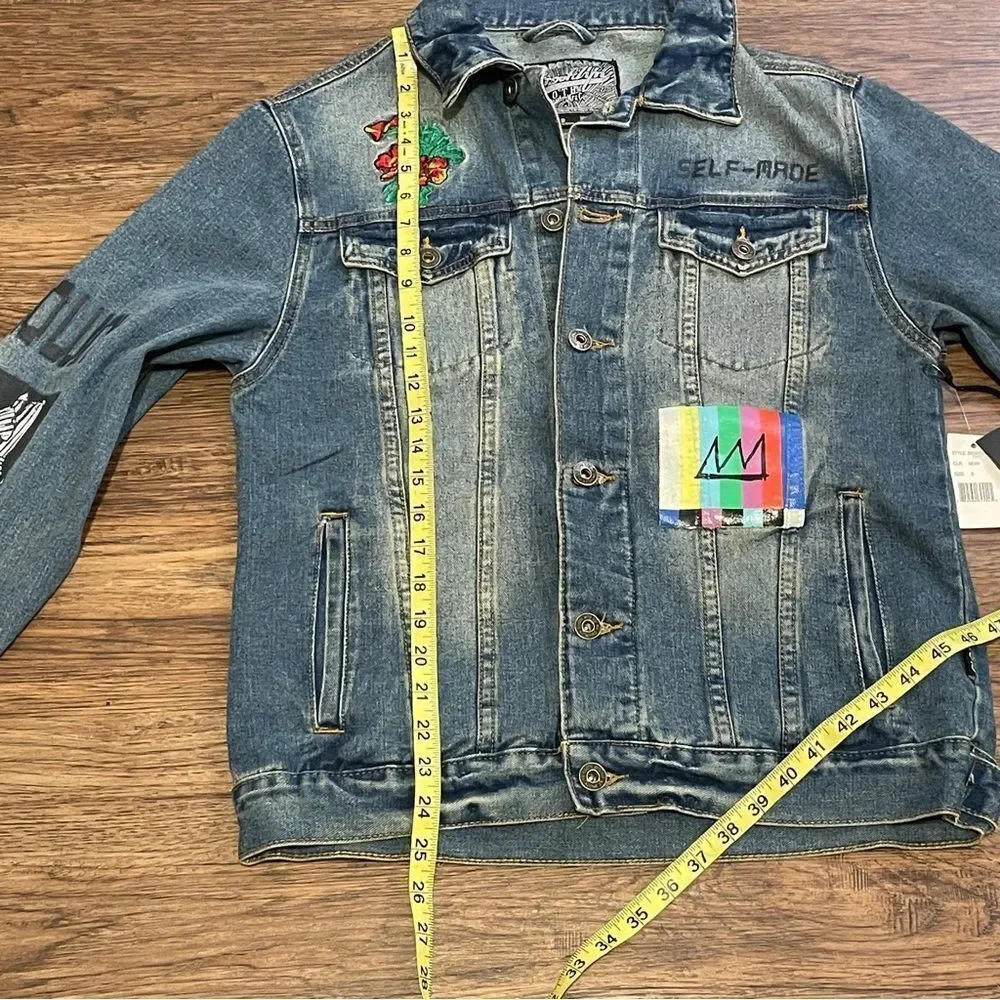NWT Brooklyn Cloth Artistic Denim Jacket with Colorful Patches Streetwear Size S